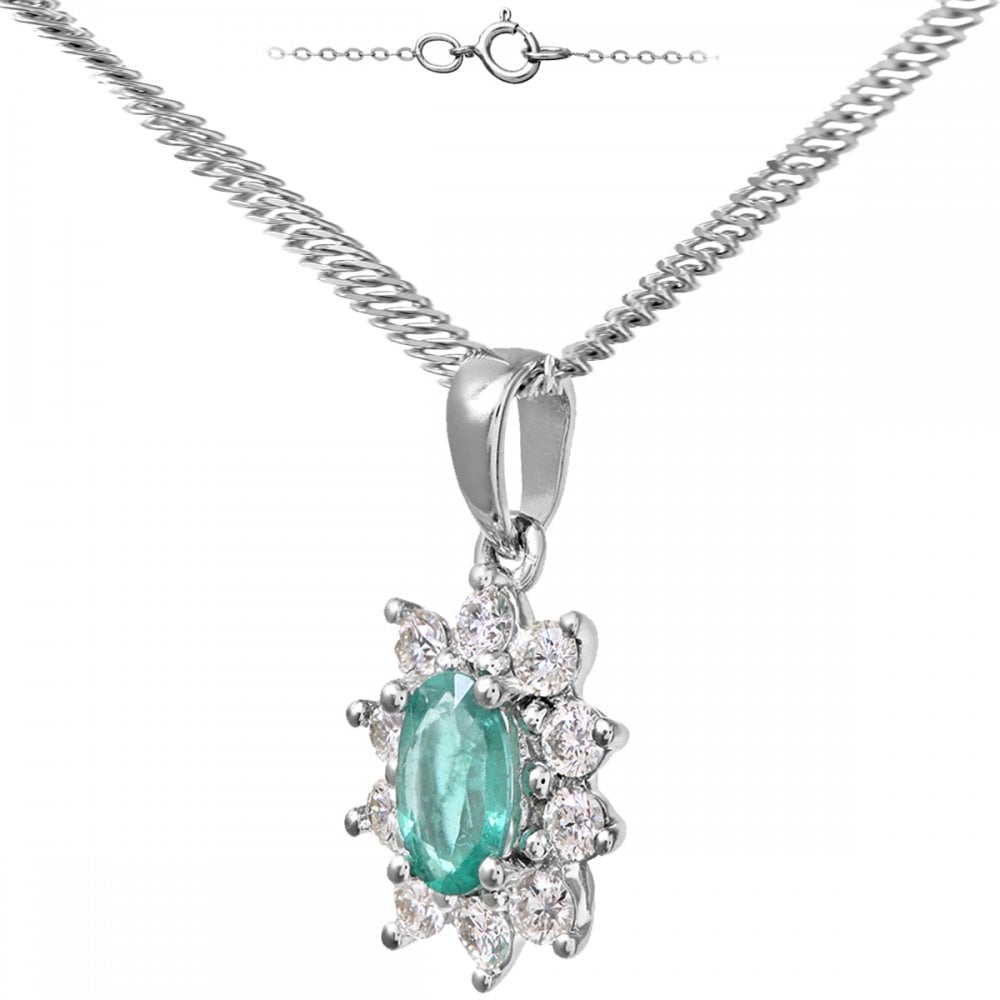 SPARKLD 18ct White Gold Cluster Pendant + Chain, 0.33ct Diamond and Emerald, Round Brilliant