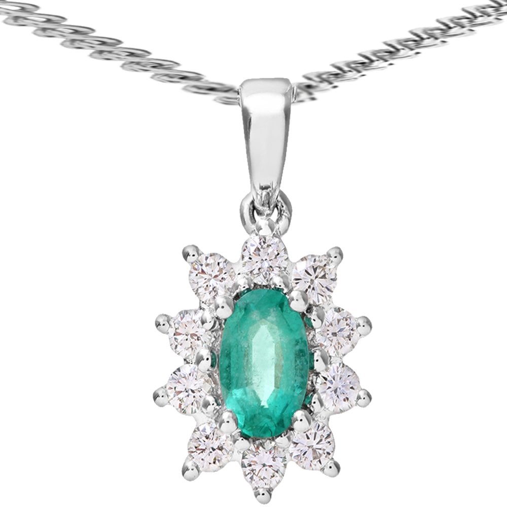 SPARKLD 18ct White Gold Cluster Pendant + Chain, 0.33ct Diamond and Emerald, Round Brilliant