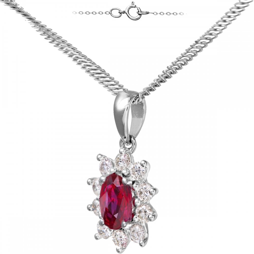 SPARKLD 18ct White Gold Cluster Pendant + Chain, 0.33ct Diamond and Ruby, Round Brilliant