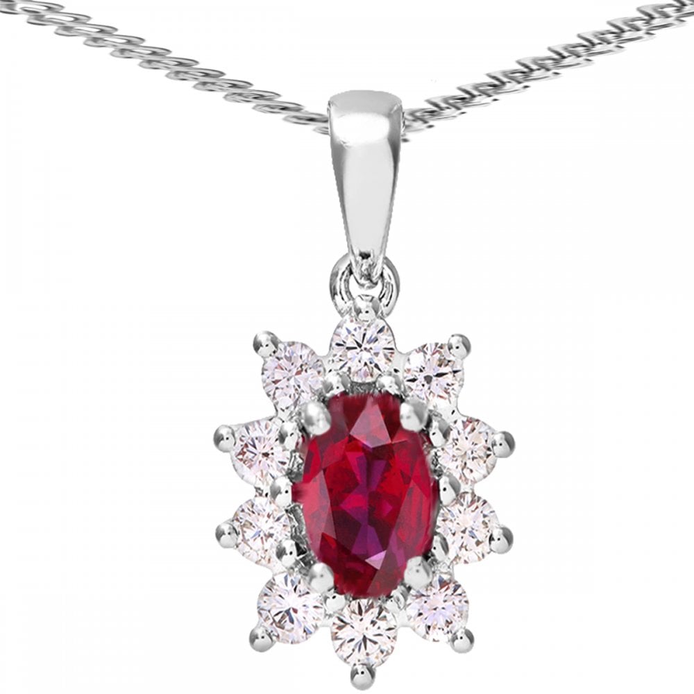 SPARKLD 18ct White Gold Cluster Pendant + Chain, 0.33ct Diamond and Ruby, Round Brilliant