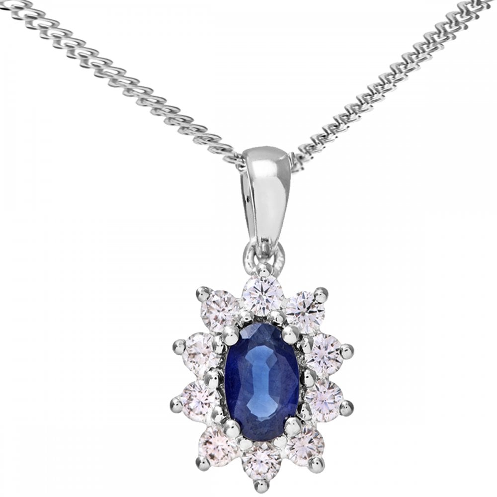 SPARKLD 18ct White Gold Cluster Pendant + Chain, 0.33ct Diamond and Sapphire, Round Brilliant