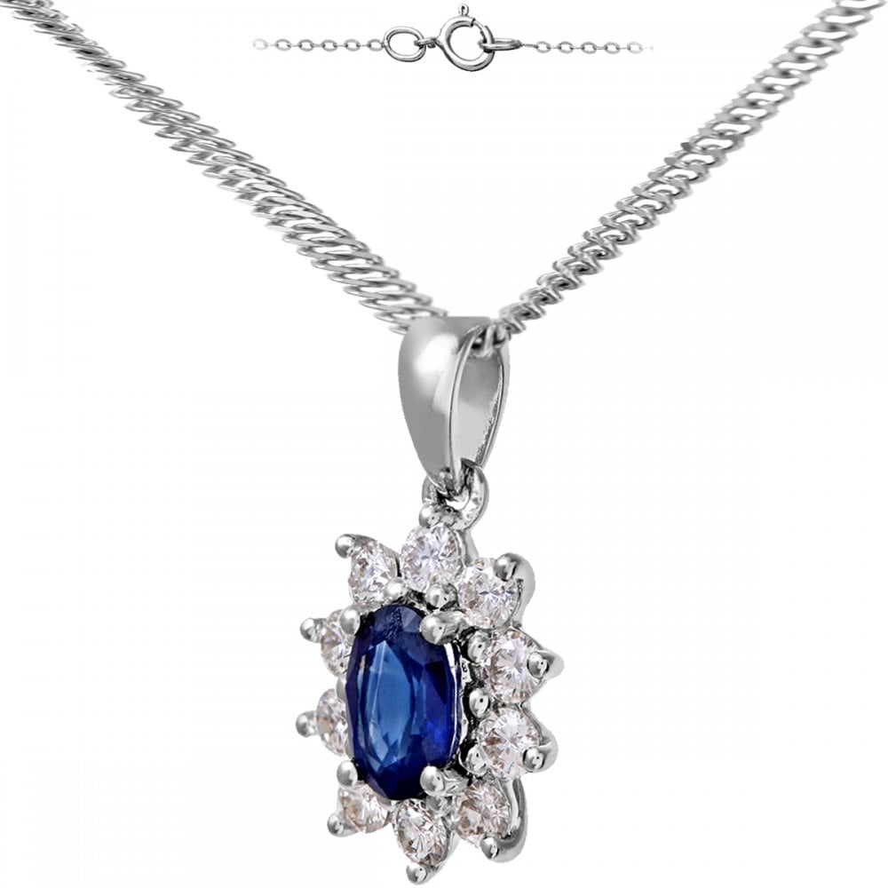 SPARKLD 18ct White Gold Cluster Pendant + Chain, 0.33ct Diamond and Sapphire, Round Brilliant