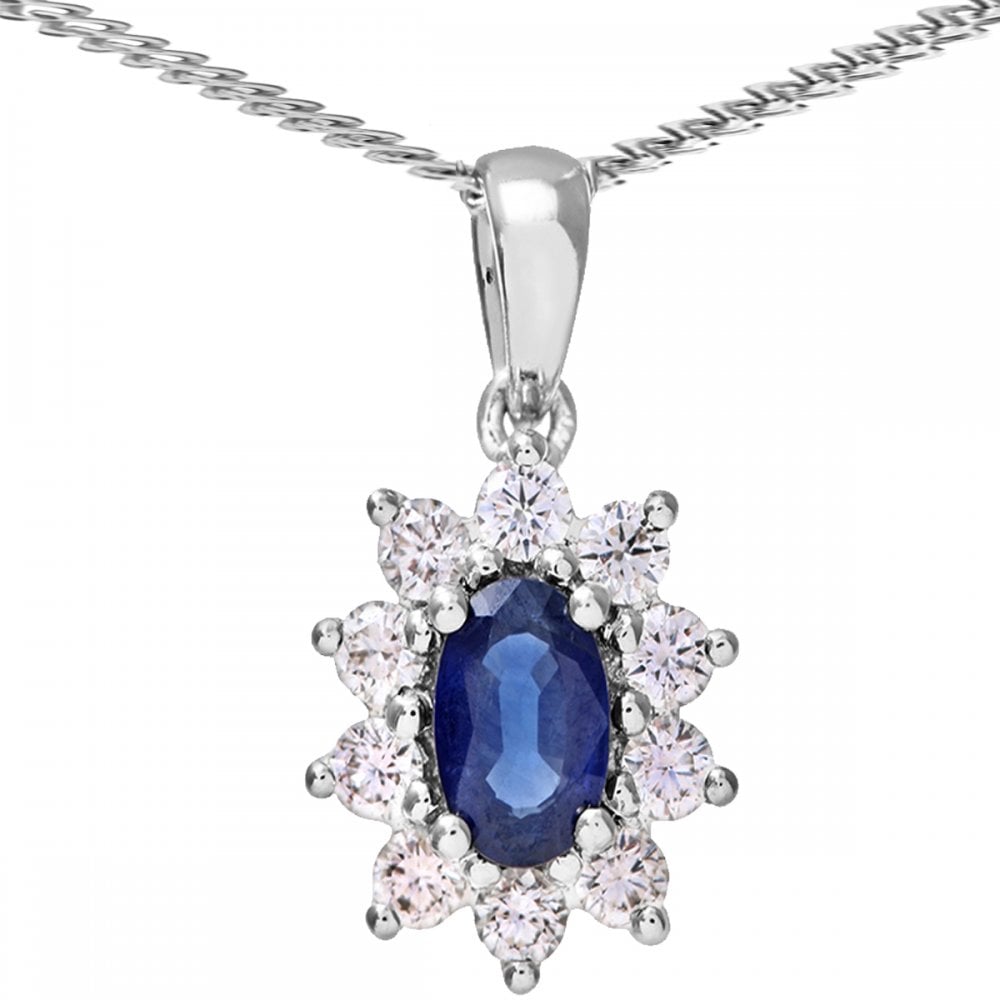 SPARKLD 18ct White Gold Cluster Pendant + Chain, 0.33ct Diamond and Sapphire, Round Brilliant