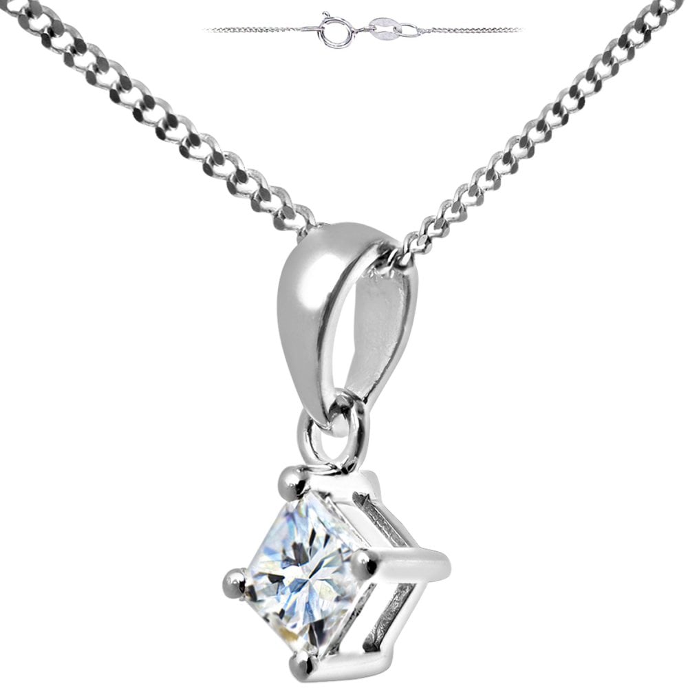 SPARKLD Platinum Solitaire Pendant + Chain/SI Certified 0.25ct Diamonds princess Cut
