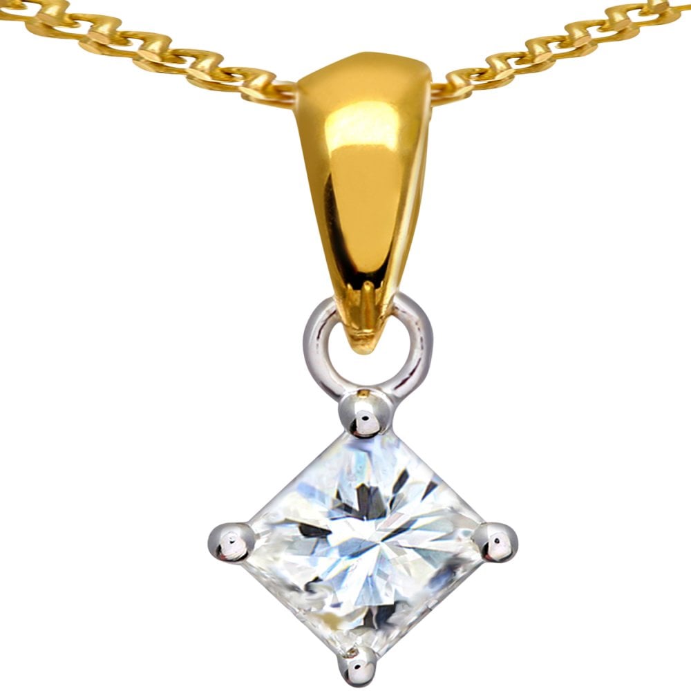 SPARKLD 18ct Yellow Gold Solitaire Pendant + Chain/I Certified 0.33ct Diamonds princess Cut