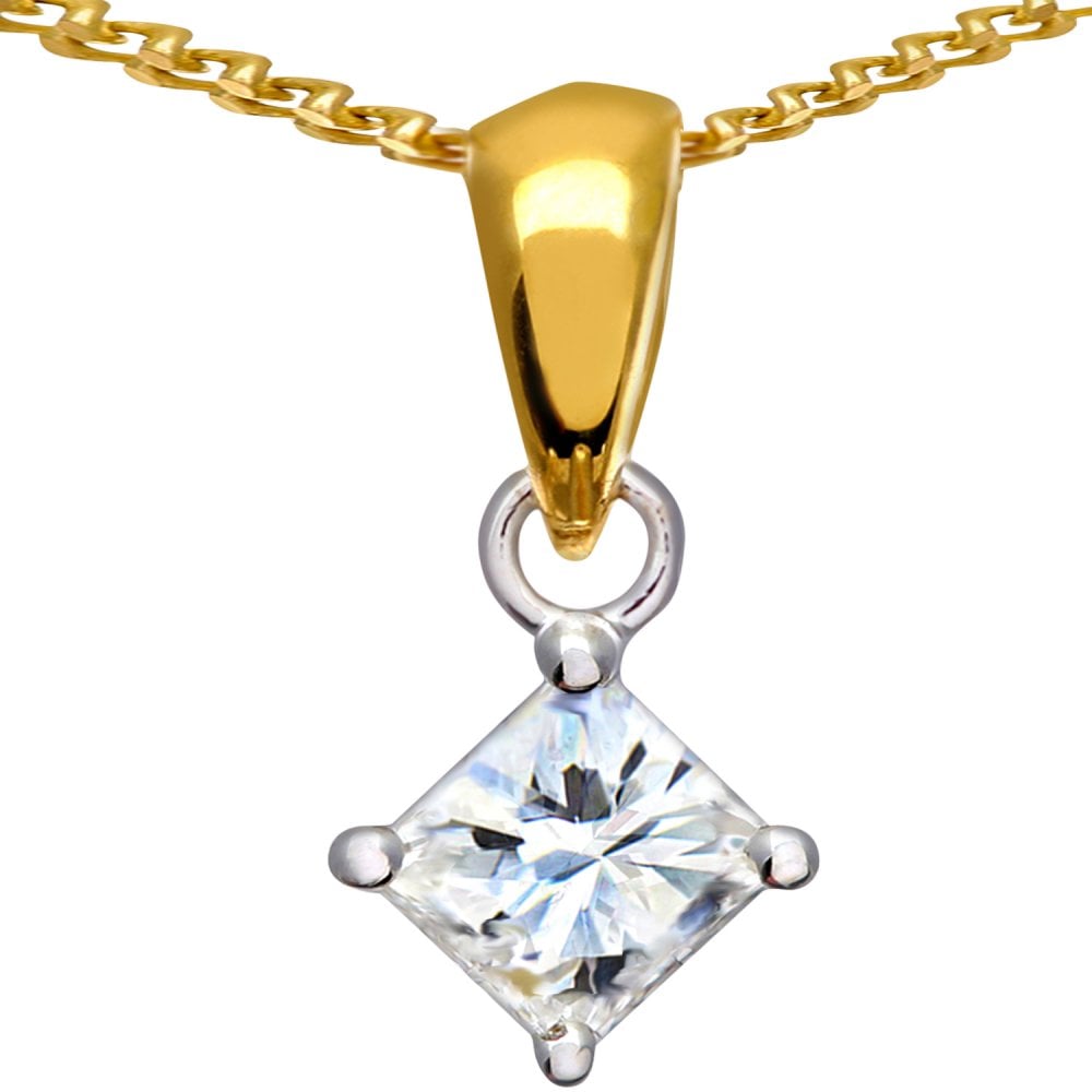 SPARKLD 18ct Yellow Gold Solitaire Pendant + Chain/SI Certified 0.33ct Diamonds princess Cut