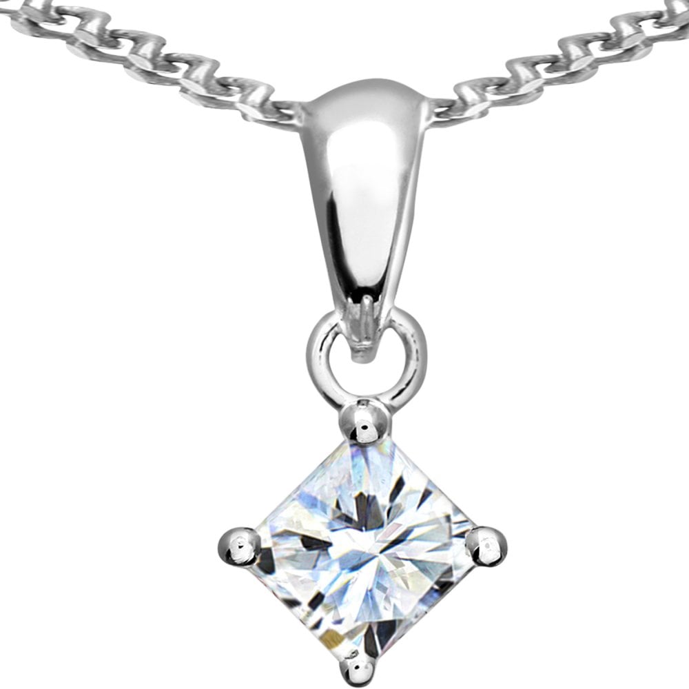 SPARKLD 18ct White Gold Solitaire Pendant + Chain/SI Certified 1.00ct Diamonds princess Cut