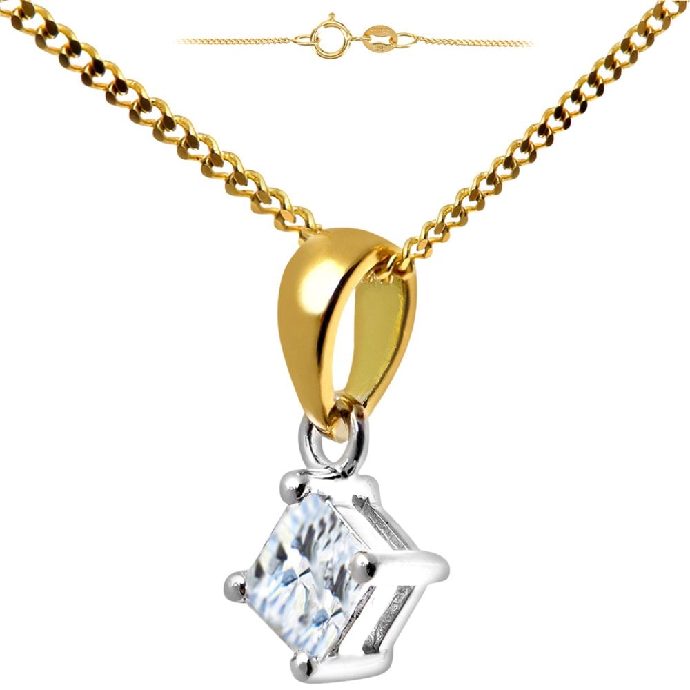 SPARKLD 18ct Yellow Gold Solitaire Pendant + Chain/I Certified 1.00ct Diamonds princess Cut