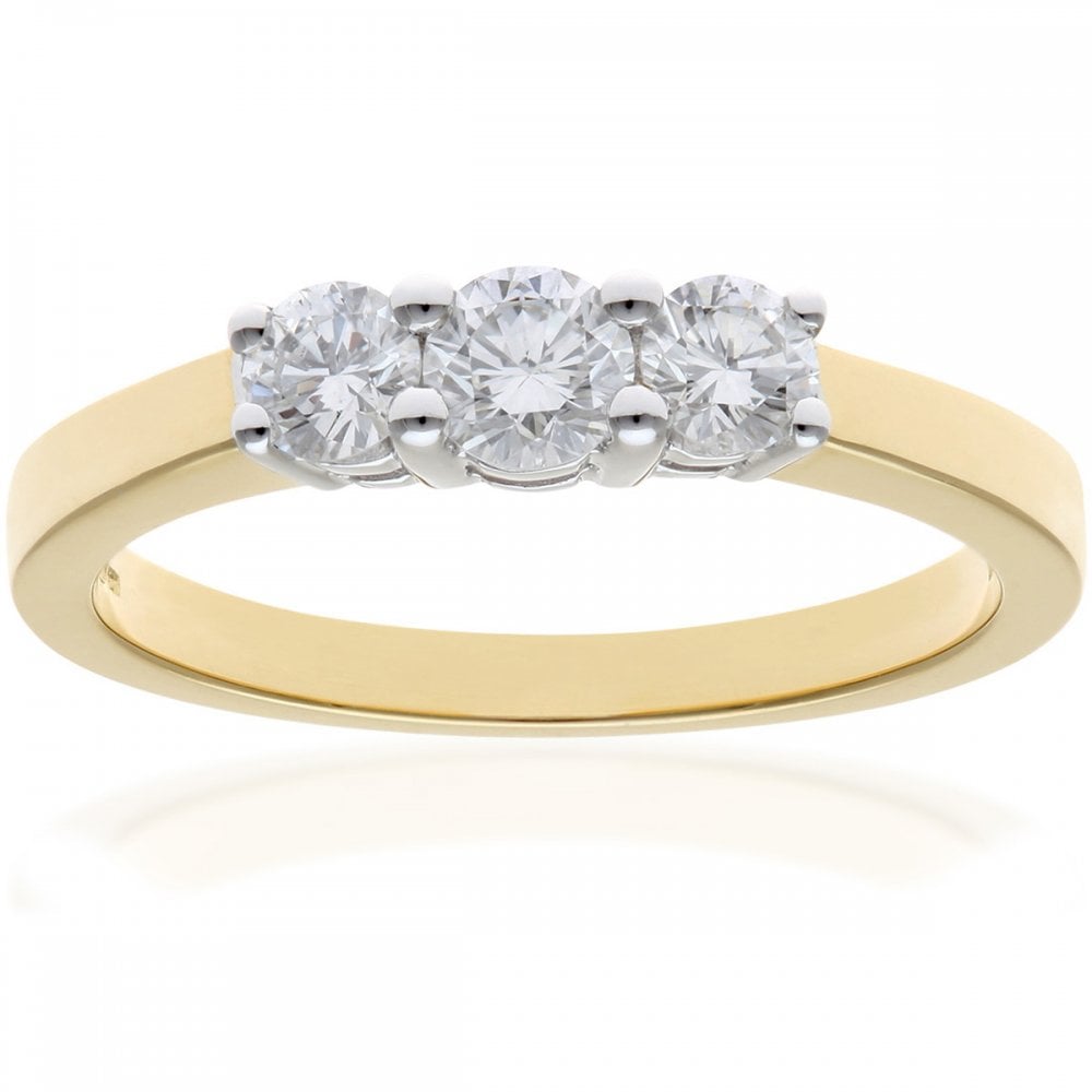 SPARKLD 18ct Yellow Gold Trilogy Ring, IJ/I Certified 0.50ct Round Brilliant Diamonds