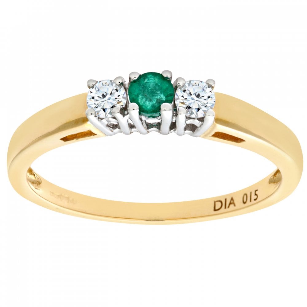 SPARKLD 9ct Yellow Gold 0.15ct Round Cut Diamond and Emerald Four Claw Set Three Stone Ring