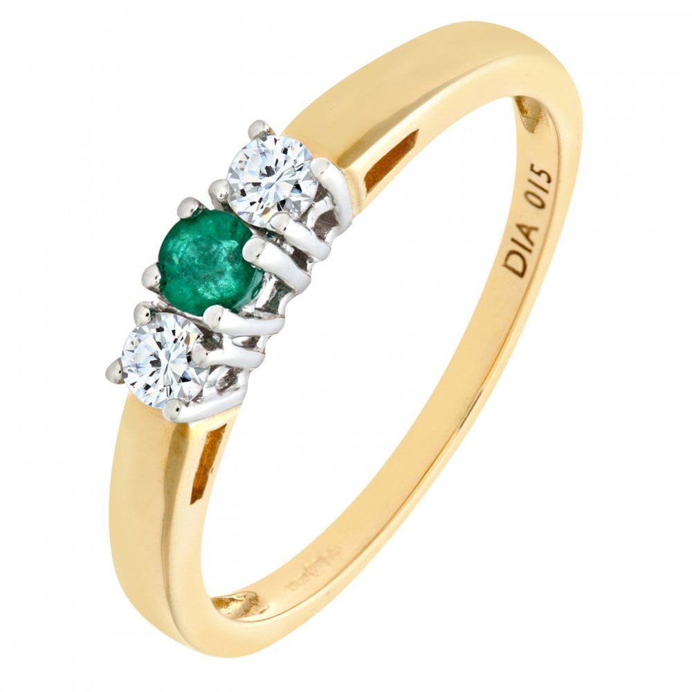 SPARKLD 9ct Yellow Gold 0.15ct Round Cut Diamond and Emerald Four Claw Set Three Stone Ring
