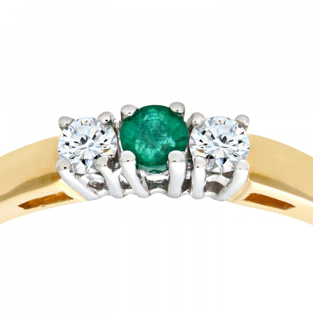 SPARKLD 9ct Yellow Gold 0.15ct Round Cut Diamond and Emerald Four Claw Set Three Stone Ring