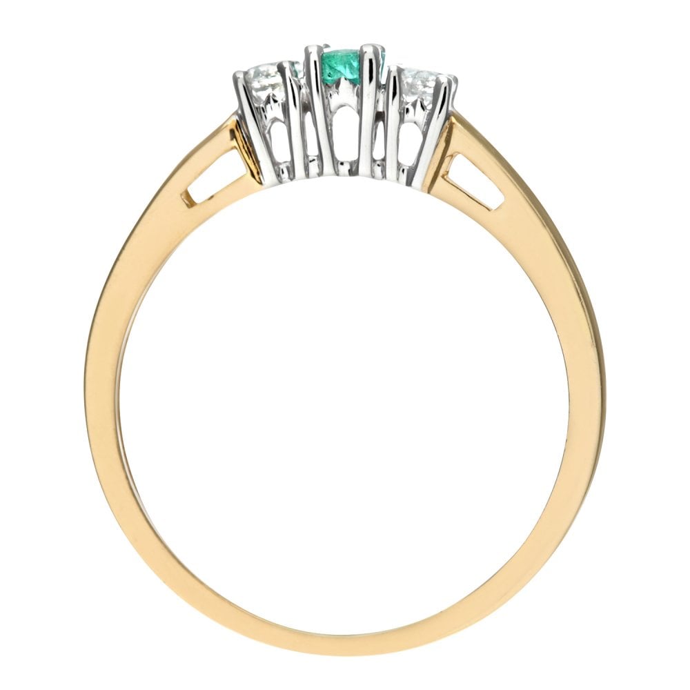 SPARKLD 9ct Yellow Gold 0.15ct Round Cut Diamond and Emerald Four Claw Set Three Stone Ring