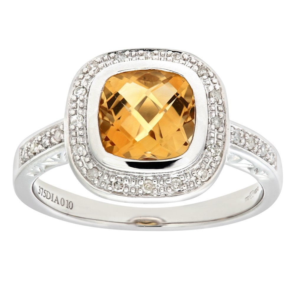 SPARKLD 9ct White Gold Cushion Shaped Citrine and 0.10ct Diamond Ring