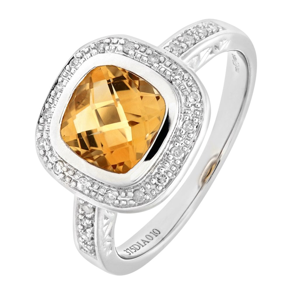 SPARKLD 9ct White Gold Cushion Shaped Citrine and 0.10ct Diamond Ring