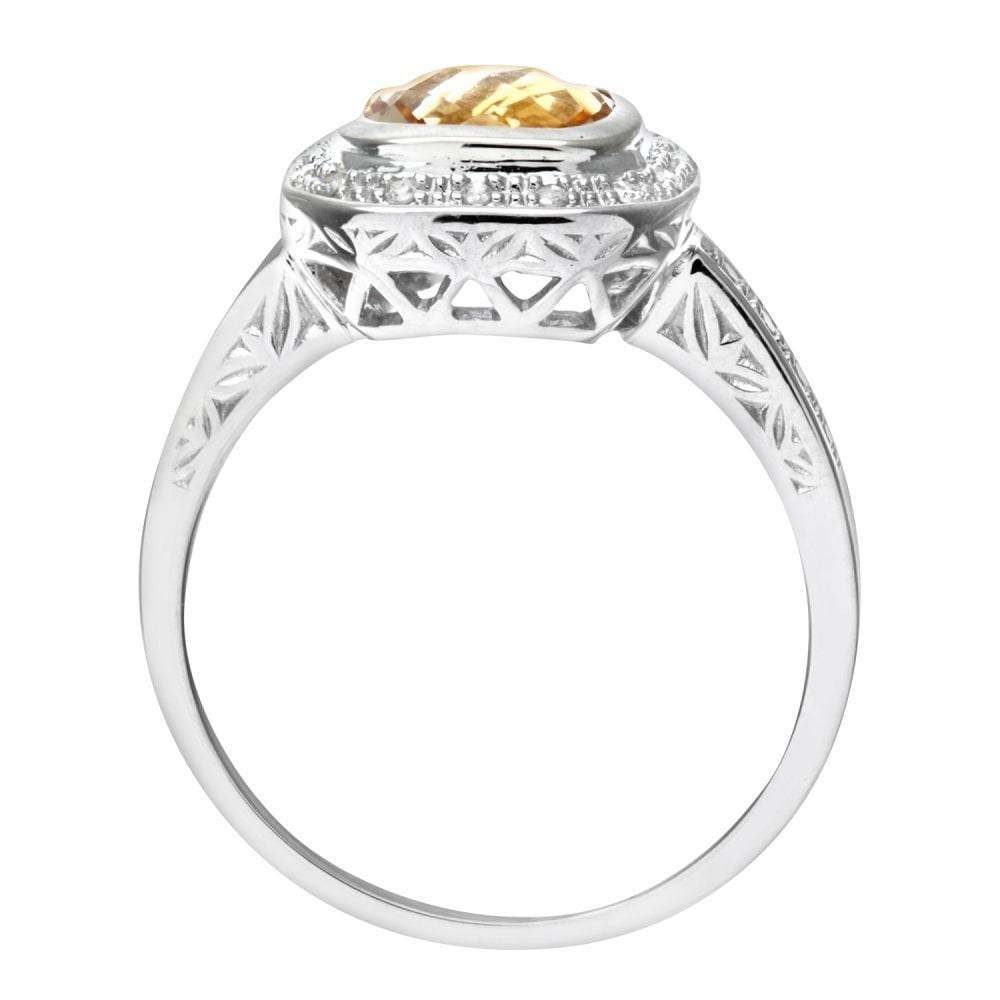 SPARKLD 9ct White Gold Cushion Shaped Citrine and 0.10ct Diamond Ring