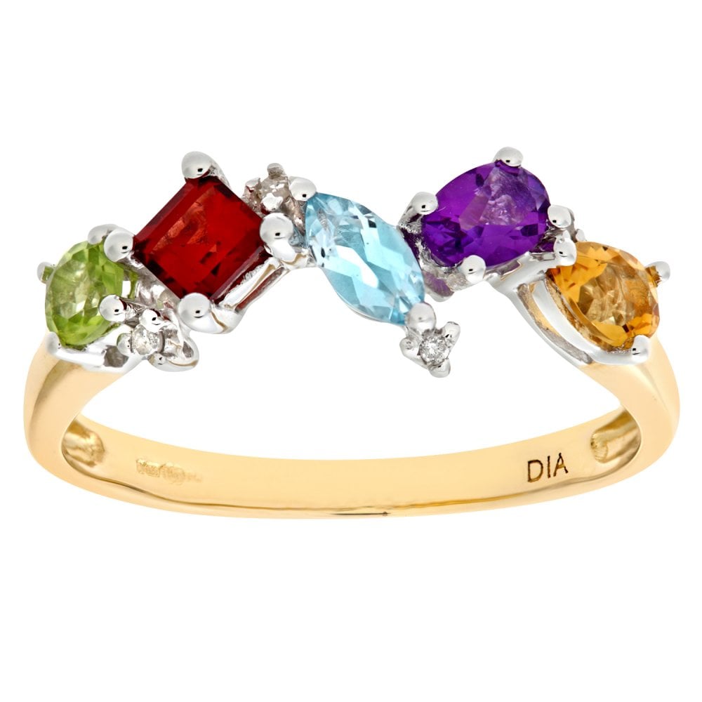 SPARKLD 9ct Yellow Gold 0.02ct Diamond and Multi Gem Stone Dress Ring