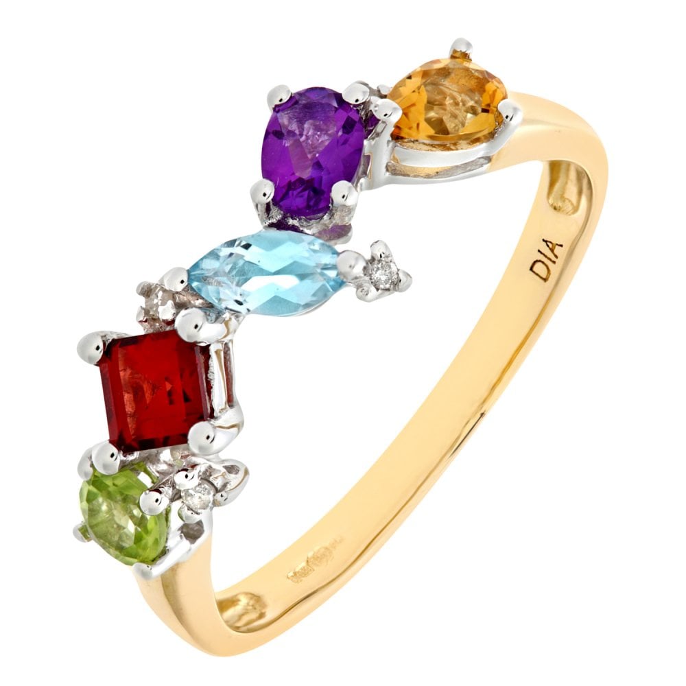 SPARKLD 9ct Yellow Gold 0.02ct Diamond and Multi Gem Stone Dress Ring