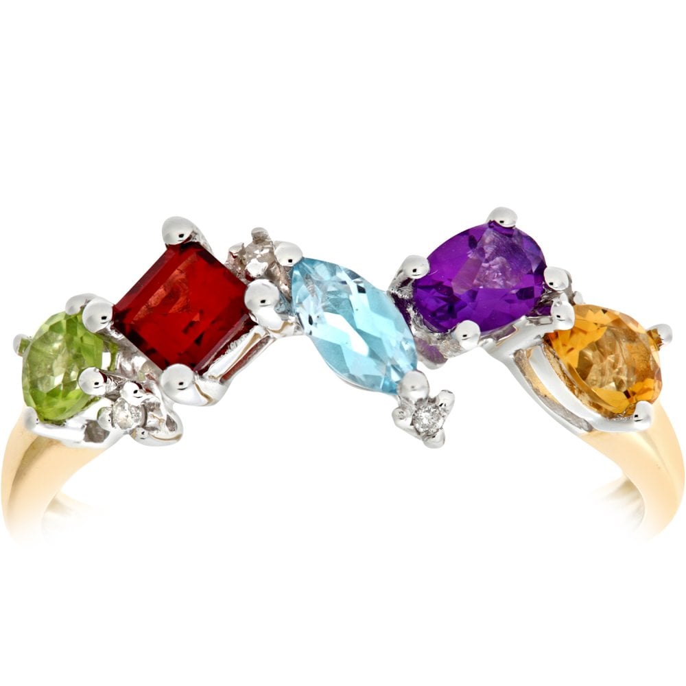 SPARKLD 9ct Yellow Gold 0.02ct Diamond and Multi Gem Stone Dress Ring