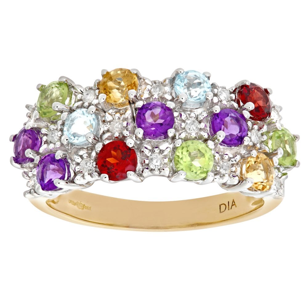 SPARKLD 9ct Yellow Gold 0.10ct Diamond & Multi Gem Stone Dress Ring