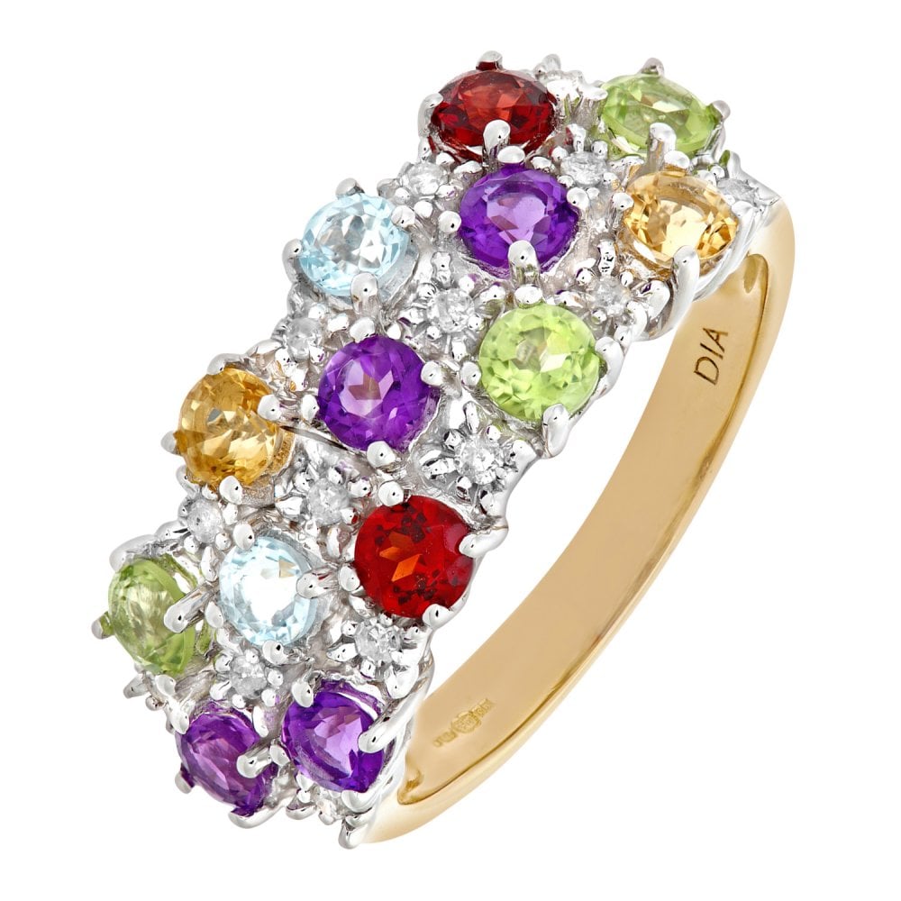 SPARKLD 9ct Yellow Gold 0.10ct Diamond & Multi Gem Stone Dress Ring