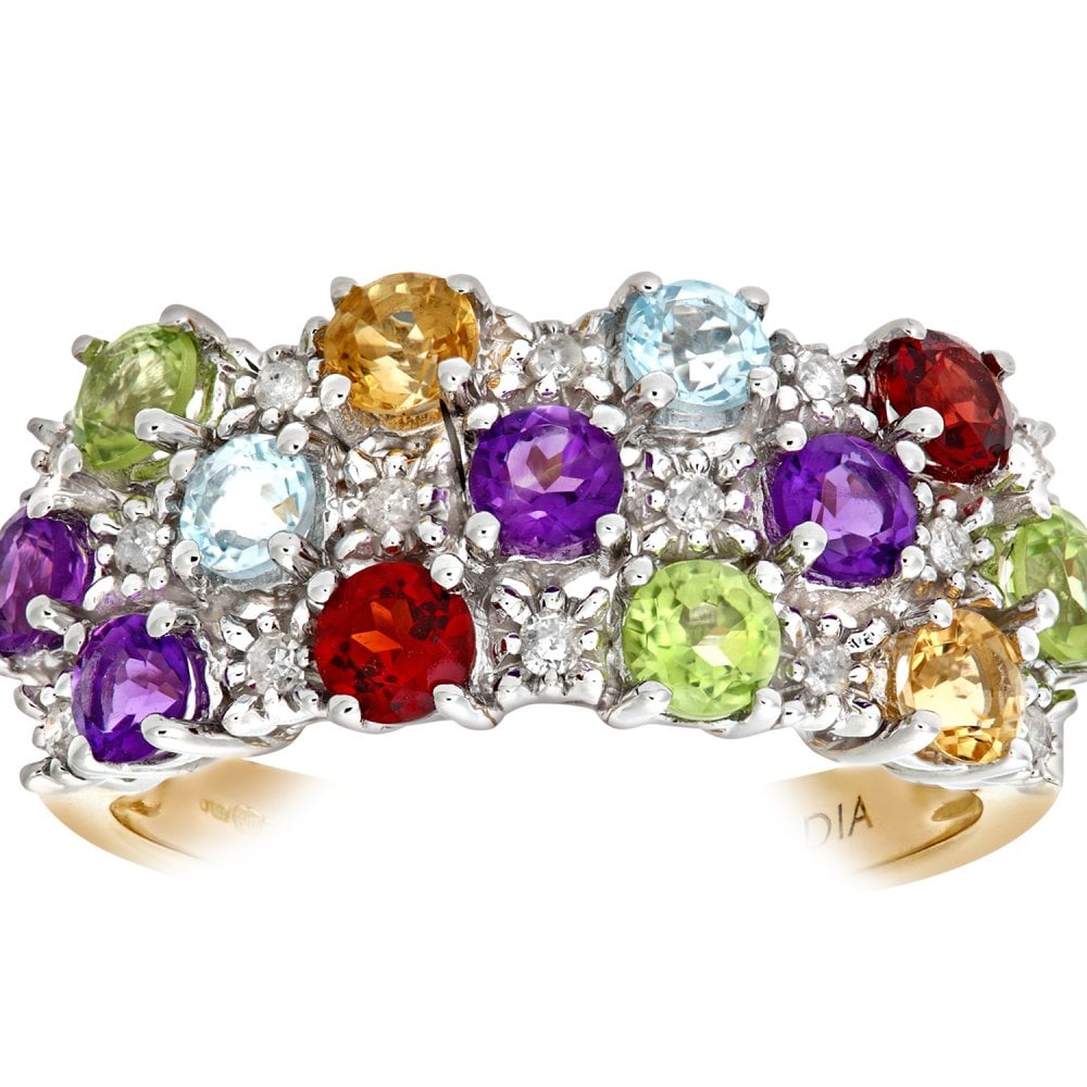SPARKLD 9ct Yellow Gold 0.10ct Diamond & Multi Gem Stone Dress Ring
