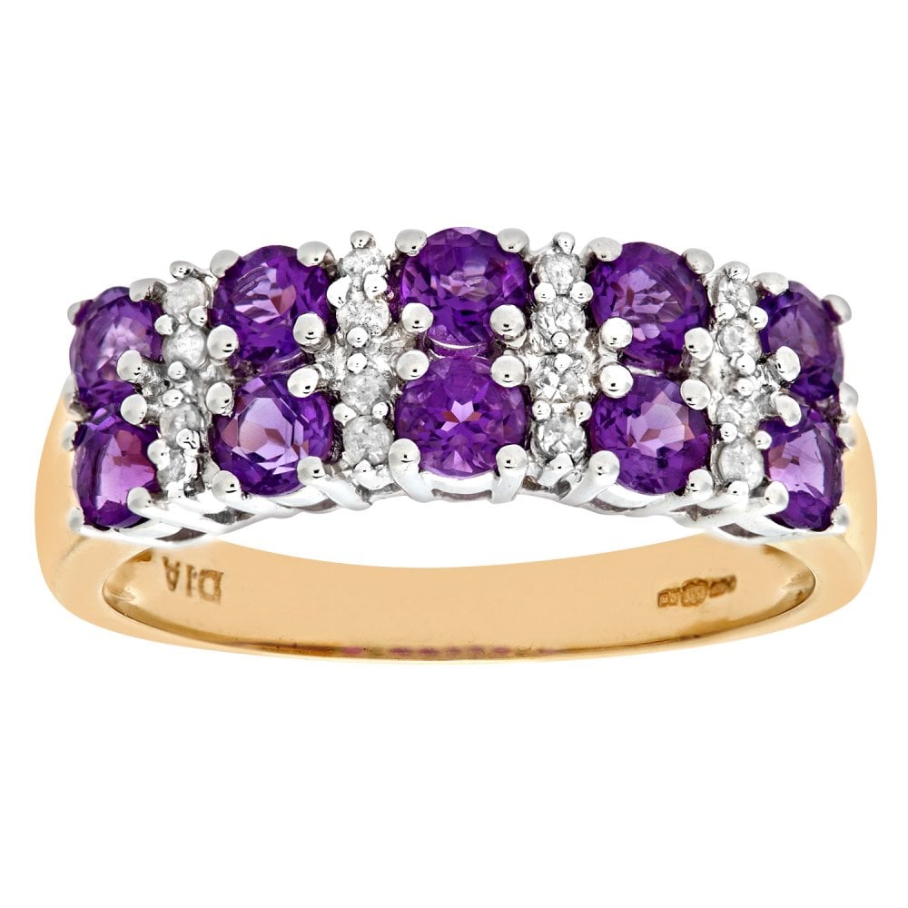 SPARKLD 9ct Yellow Gold Claw Set 0.10ct Diamond and Amethyst Eternity Ring