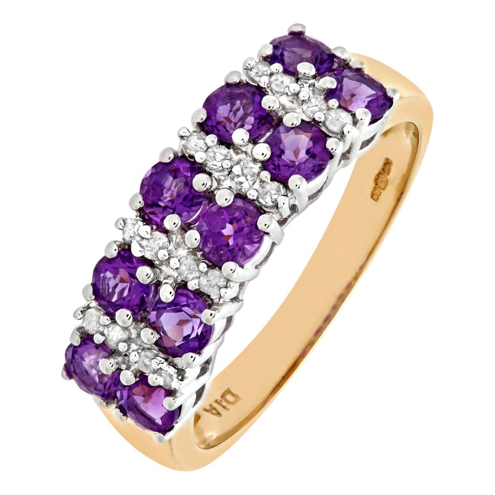 SPARKLD 9ct Yellow Gold Claw Set 0.10ct Diamond and Amethyst Eternity Ring