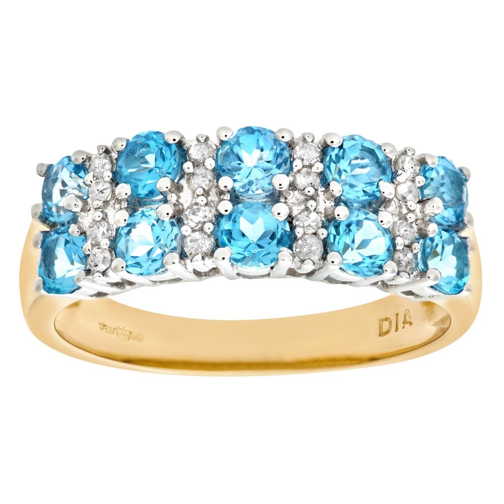SPARKLD 9ct Yellow Gold Claw Set 0.10ct Diamond and Blue Topaz Eternity Ring