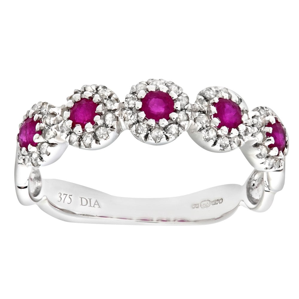 SPARKLD 9ct White Gold Eternity Ring, 0.20ct Diamond and Ruby Ring pave Set