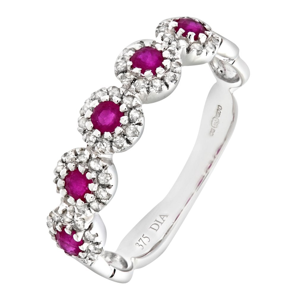 SPARKLD 9ct White Gold Eternity Ring, 0.20ct Diamond and Ruby Ring pave Set