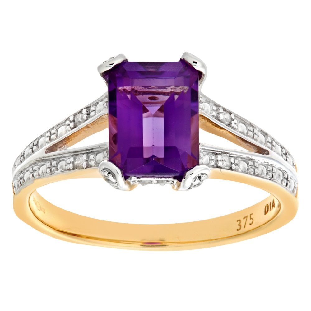 SPARKLD 9ct Yellow Gold 0.13ct Diamond Set Collette and Shoulders with Single Stone Amethyst Ring