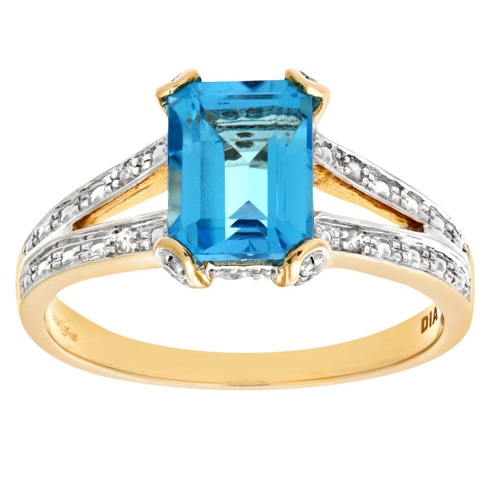 SPARKLD 9ct Yellow Gold 0.13ct Diamond Set Collette and Shoulders with Single Stone Blue Topaz Ring