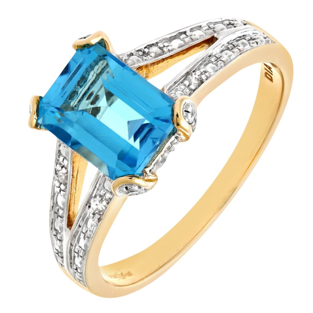 SPARKLD 9ct Yellow Gold 0.13ct Diamond Set Collette and Shoulders with Single Stone Blue Topaz Ring