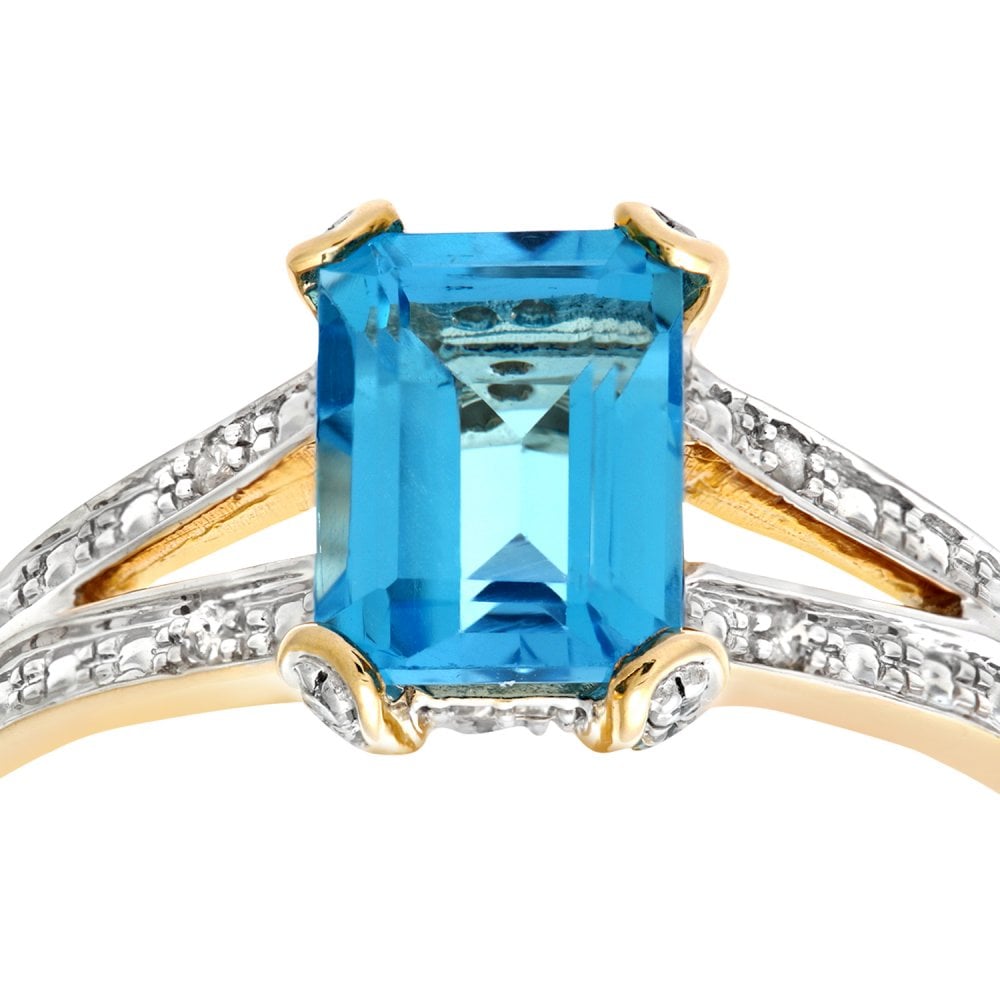 SPARKLD 9ct Yellow Gold 0.13ct Diamond Set Collette and Shoulders with Single Stone Blue Topaz Ring