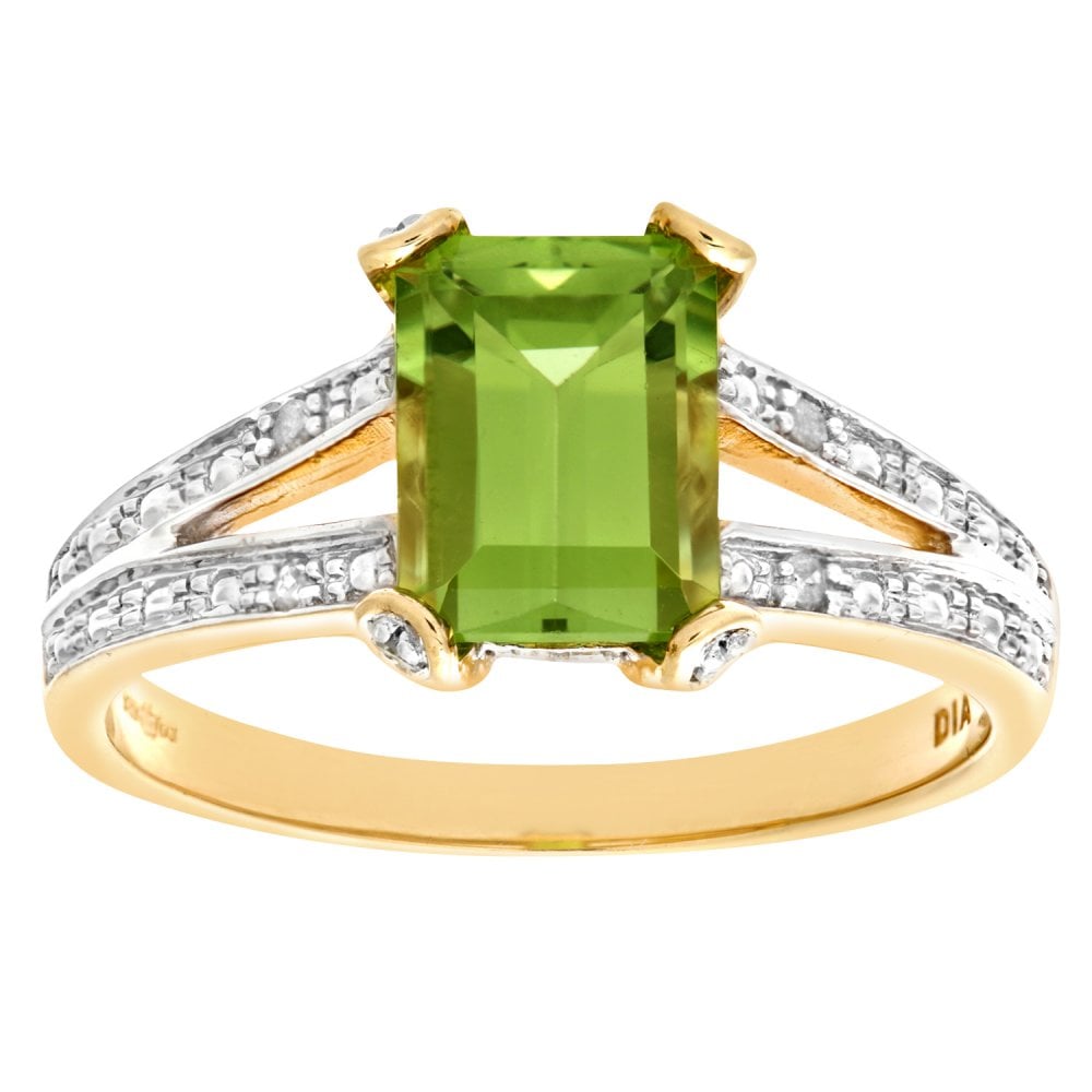 SPARKLD 9ct Yellow Gold Single Stone Peridot with 0.13ct Diamond Set Collette and Shoulders Ring