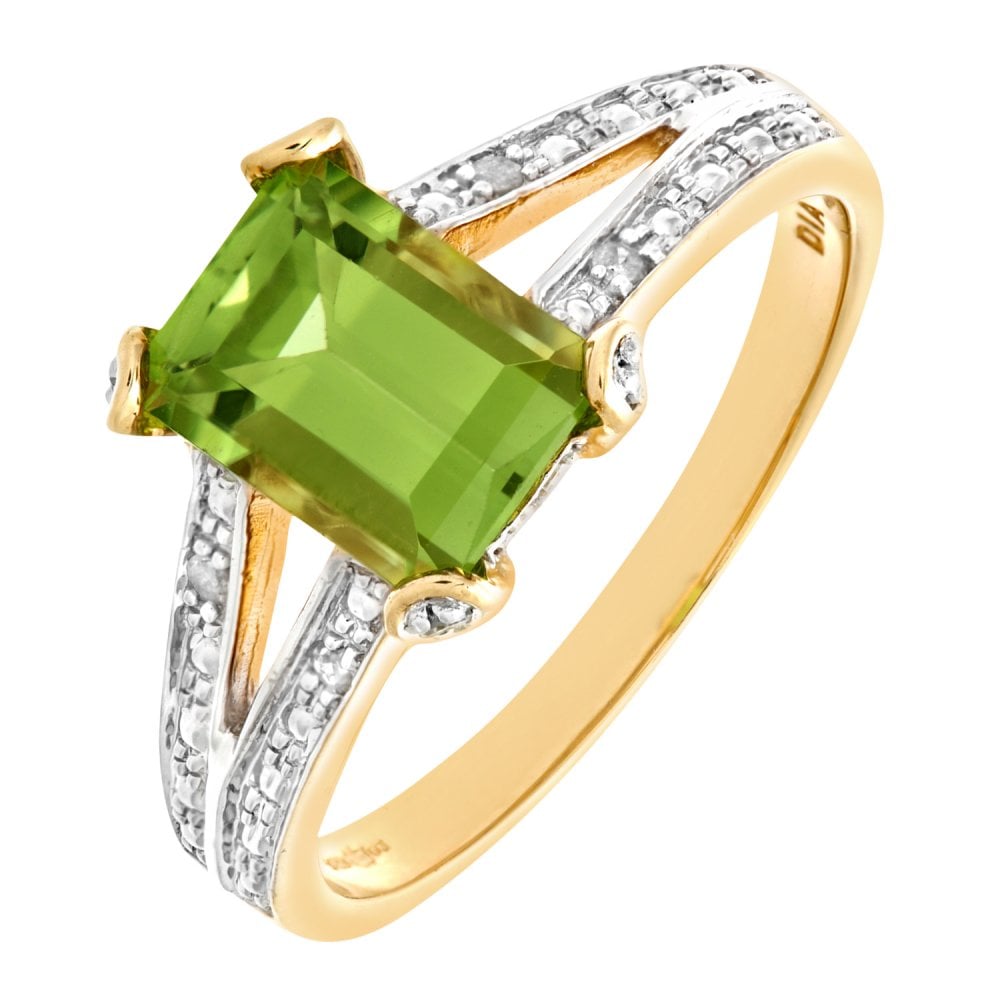 SPARKLD 9ct Yellow Gold Single Stone Peridot with 0.13ct Diamond Set Collette and Shoulders Ring