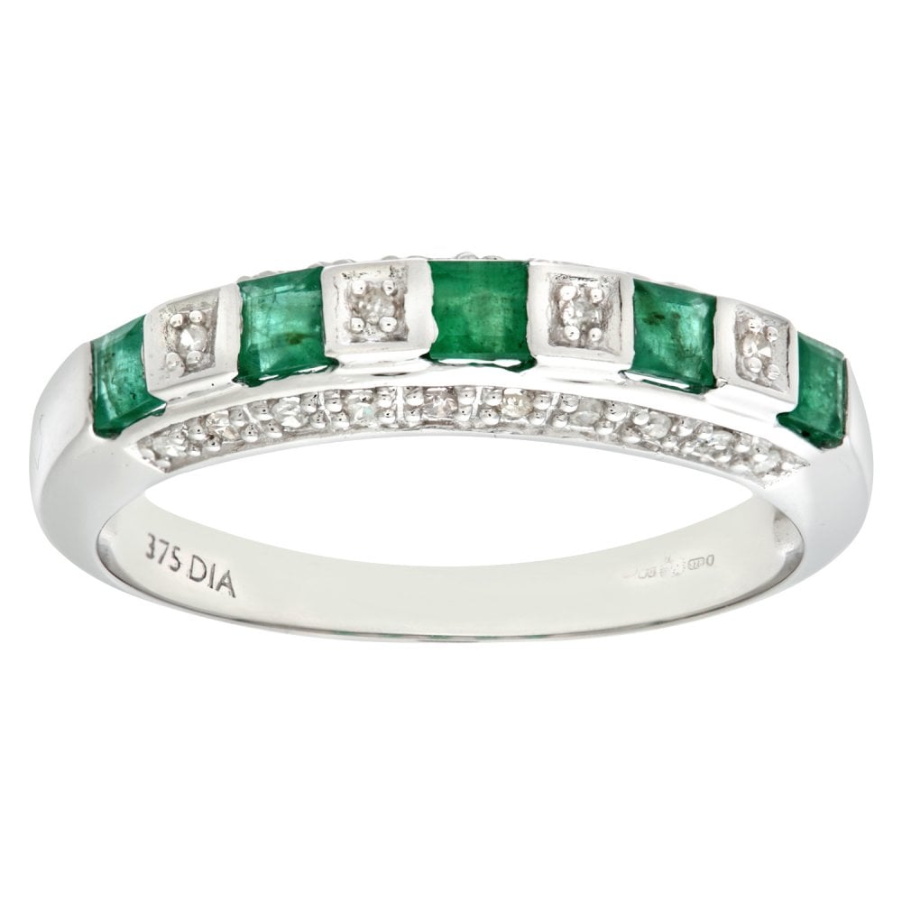 SPARKLD 9ct White Gold 0.10ct Diamond and Emerald Eternity Ring