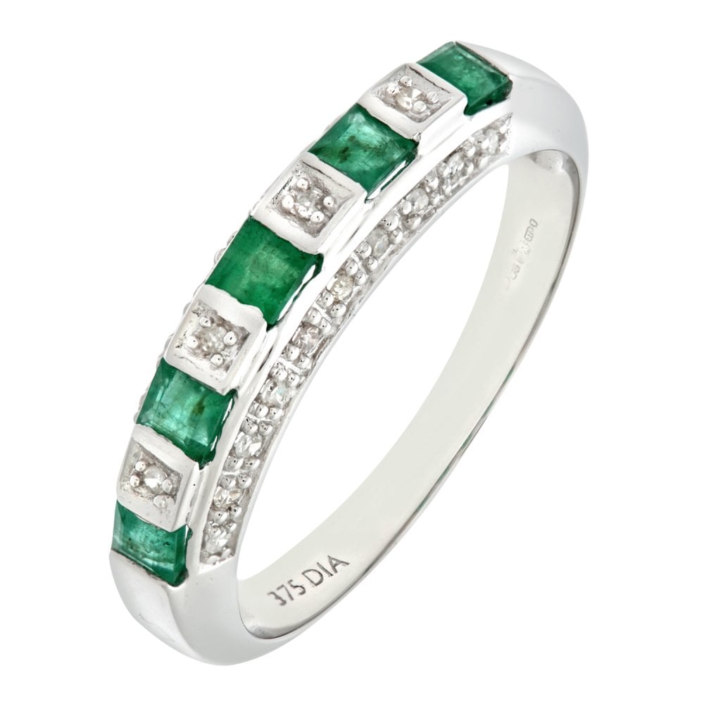 SPARKLD 9ct White Gold 0.10ct Diamond and Emerald Eternity Ring