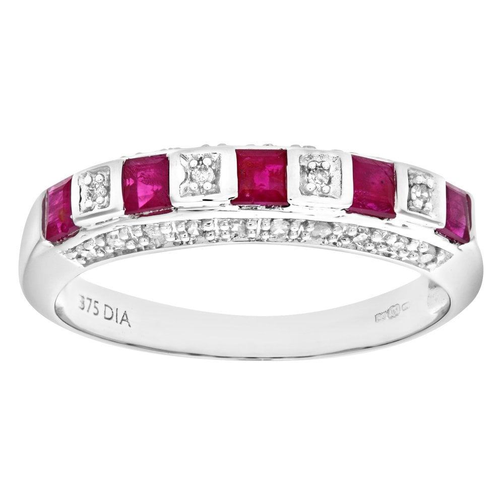 SPARKLD 9ct White Gold 0.10ct Diamond and Ruby Eternity Ring