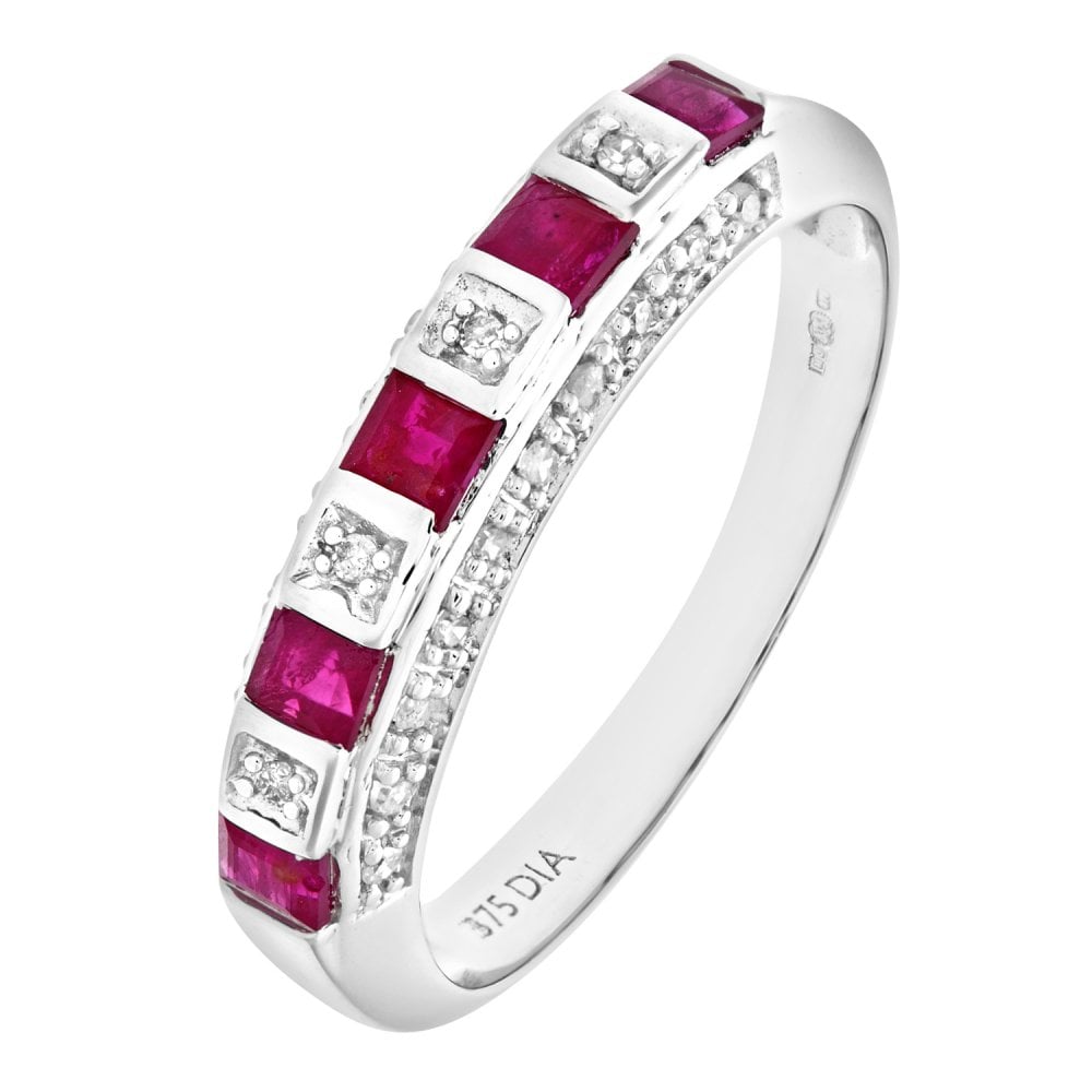 SPARKLD 9ct White Gold 0.10ct Diamond and Ruby Eternity Ring