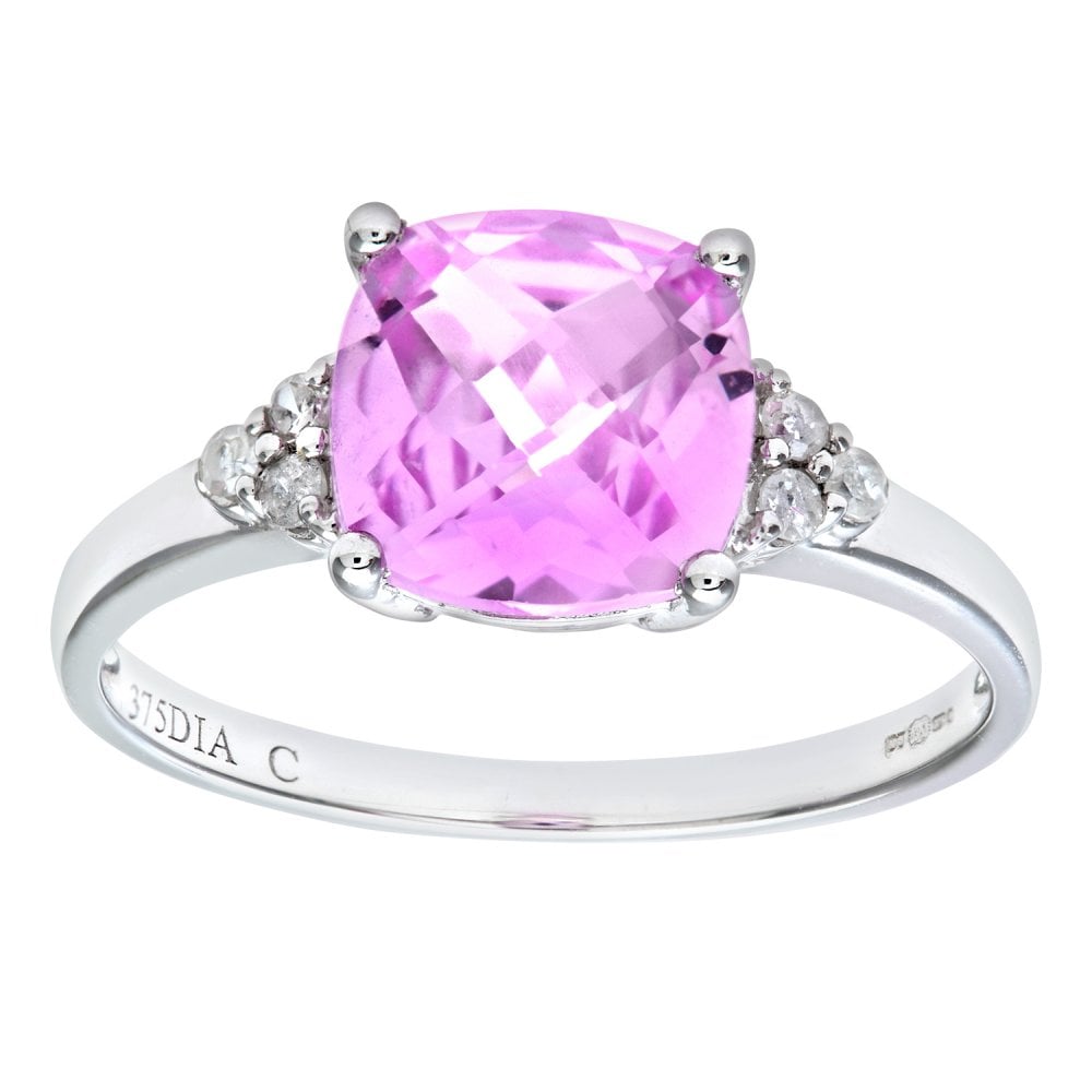 SPARKLD 9ct White Gold Cushion Cut Created Pink Sapphire and 0.08ct Diamond Ring