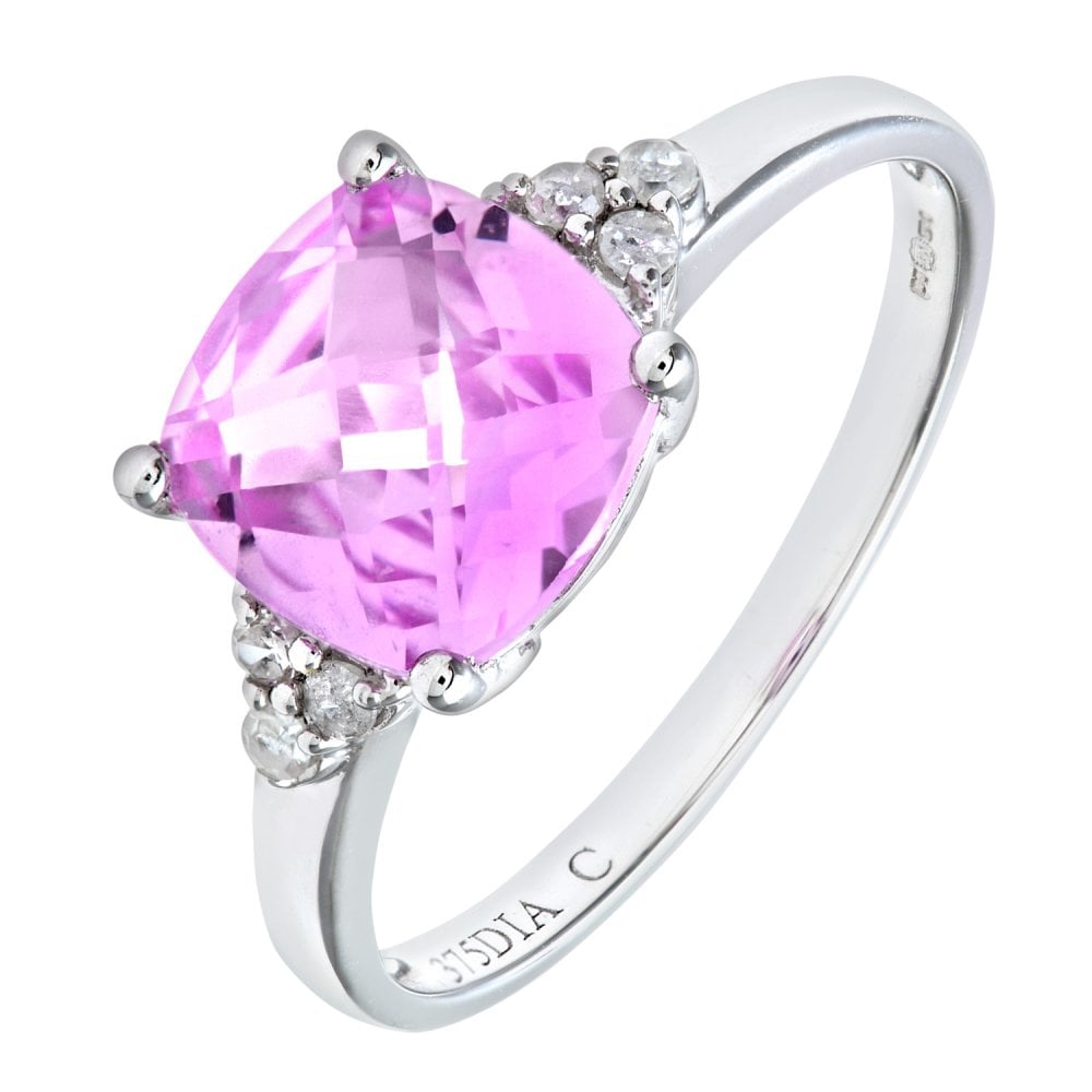 SPARKLD 9ct White Gold Cushion Cut Created Pink Sapphire and 0.08ct Diamond Ring