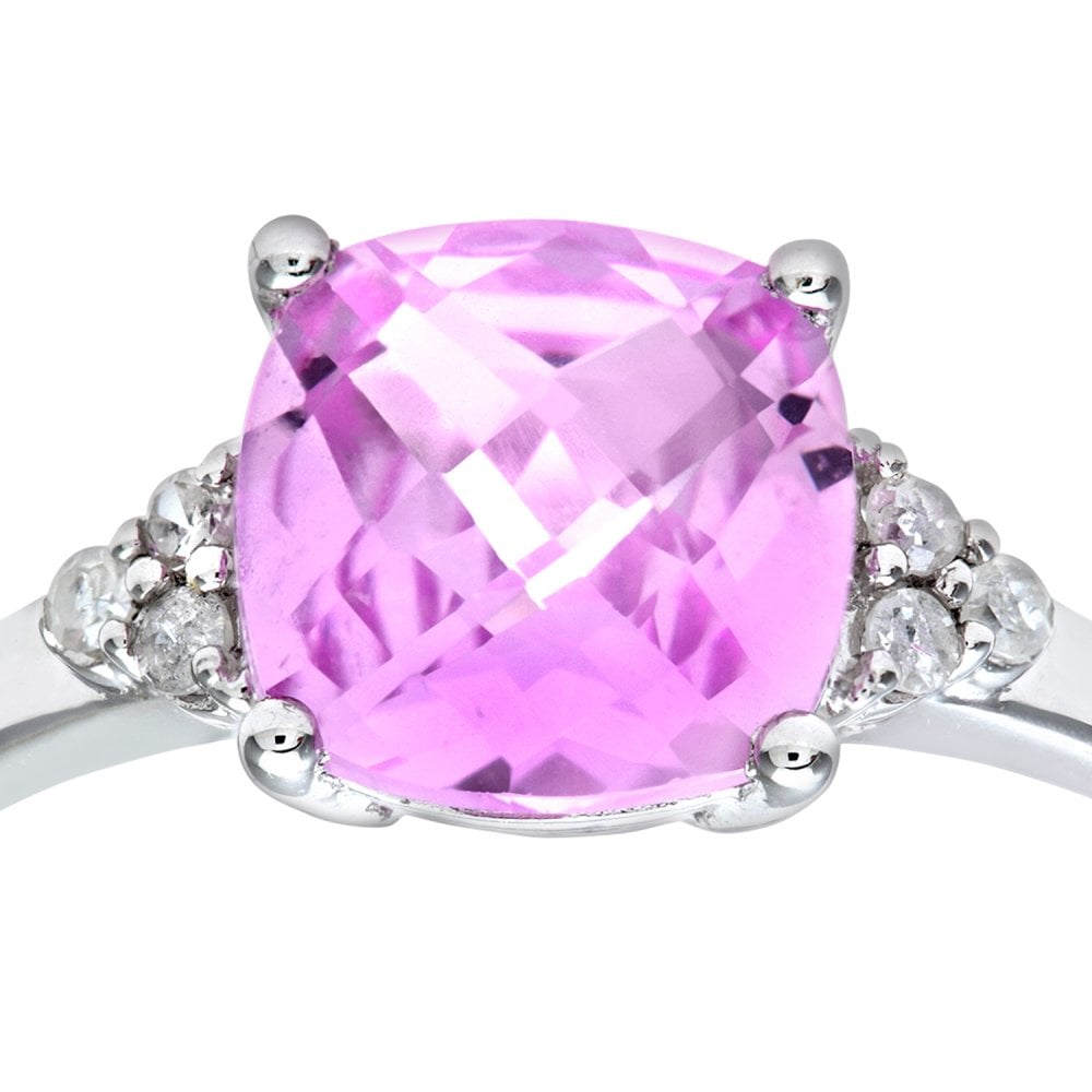 SPARKLD 9ct White Gold Cushion Cut Created Pink Sapphire and 0.08ct Diamond Ring