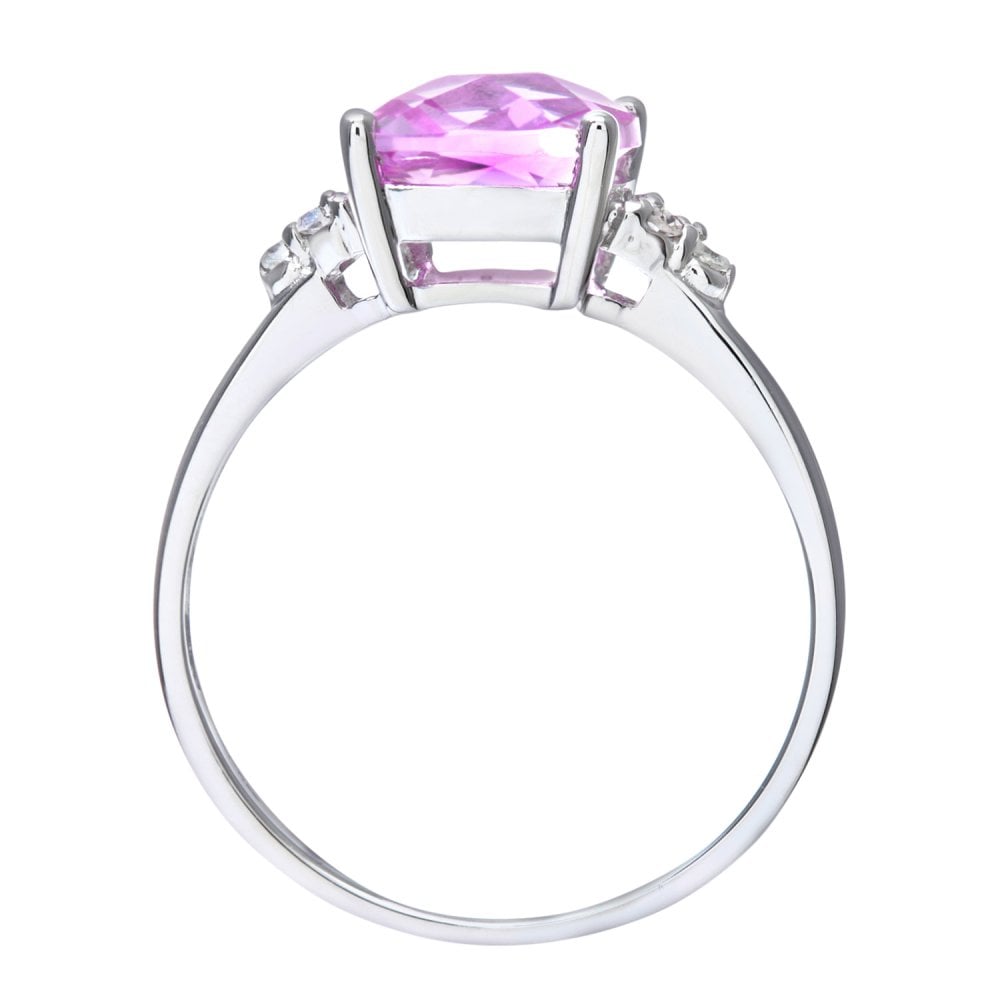 SPARKLD 9ct White Gold Cushion Cut Created Pink Sapphire and 0.08ct Diamond Ring