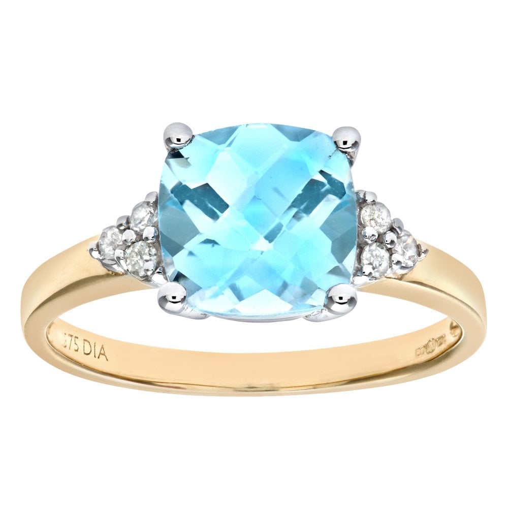 SPARKLD 9ct Yellow Gold Cushion Cut Blue Topaz and 0.08ct Diamond Ring