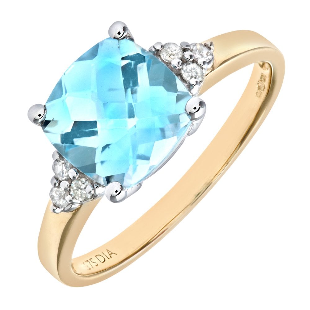 SPARKLD 9ct Yellow Gold Cushion Cut Blue Topaz and 0.08ct Diamond Ring