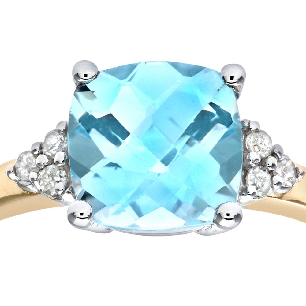 SPARKLD 9ct Yellow Gold Cushion Cut Blue Topaz and 0.08ct Diamond Ring