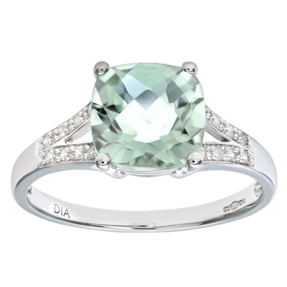 SPARKLD 9ct White Gold Cushion Cut Green Amethyst Ring With 0.07ct Diamond Shoulders