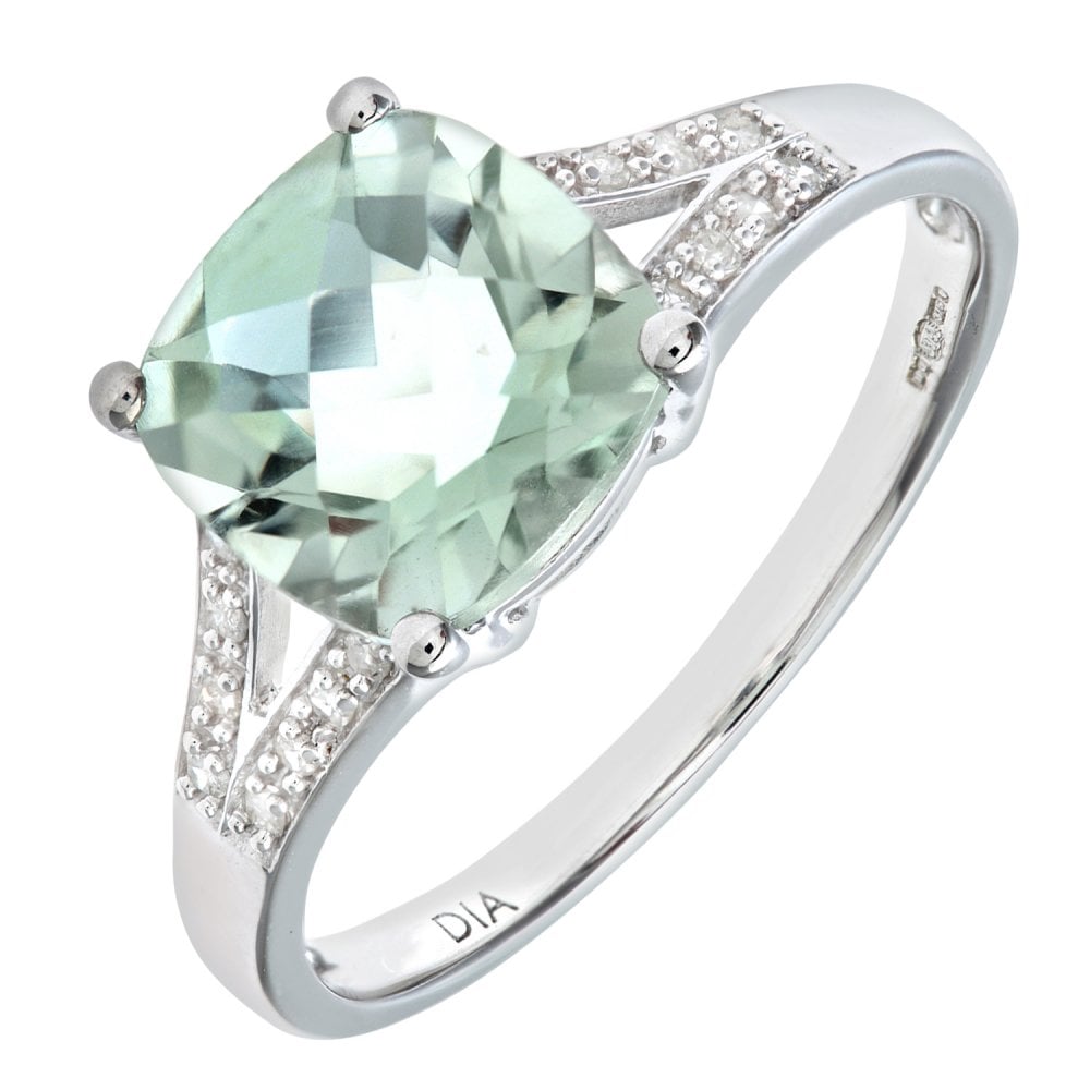 SPARKLD 9ct White Gold Cushion Cut Green Amethyst Ring With 0.07ct Diamond Shoulders